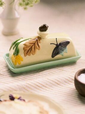 Anthropologie Faye Icon Stoneware Butter Dish Embossed Ceramic New
